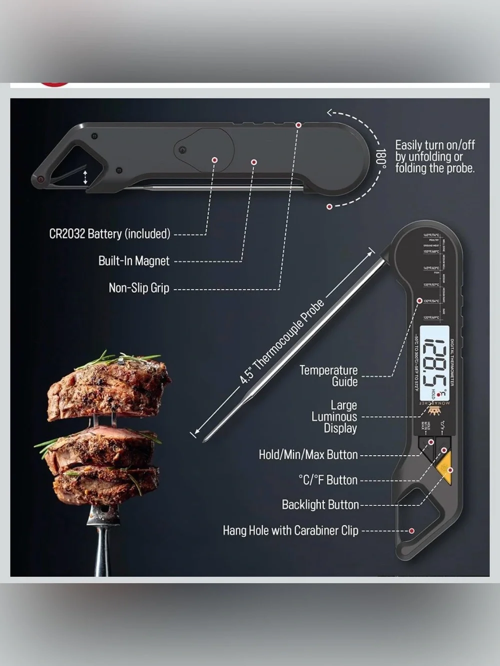 Digital Meat & Cooking Thermometer - Black